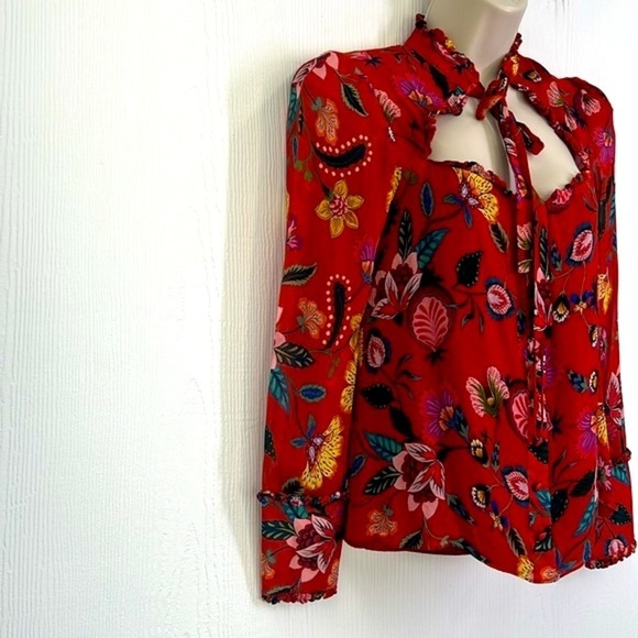 Alexis - Eloise Red Colorful Floral Open Neck Lined Tie Long Sleeve Blouse Small - Picture 5 of 12